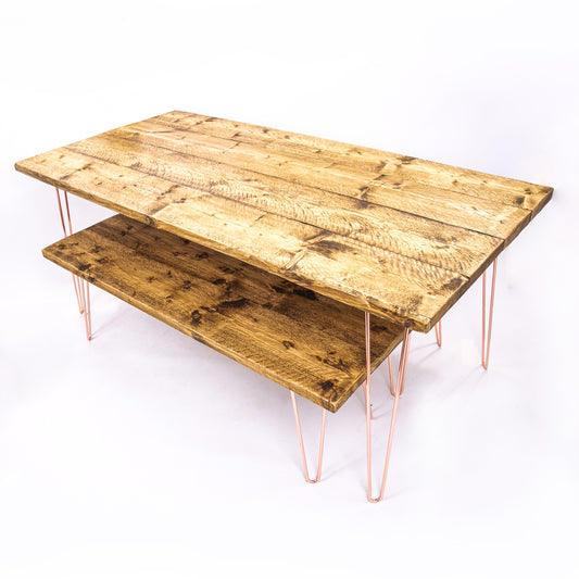 Harrow hairpin dining table and bench set . Corner angle view