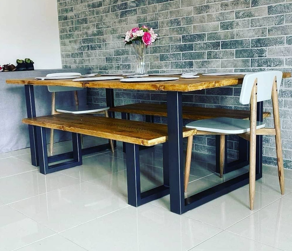 Solid Wood and Grey Dining Table Set - Bespoke Modern Kitchen Table 2 Bench Set