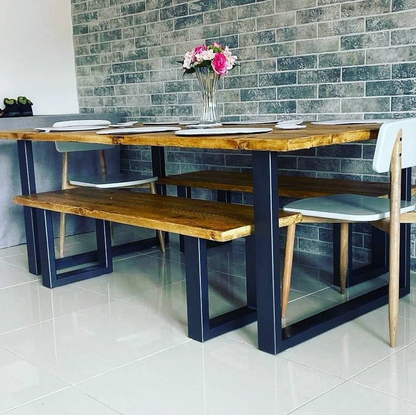 Solid Wood and Grey Dining Table Set - Bespoke Modern Kitchen Table 2 Bench Set