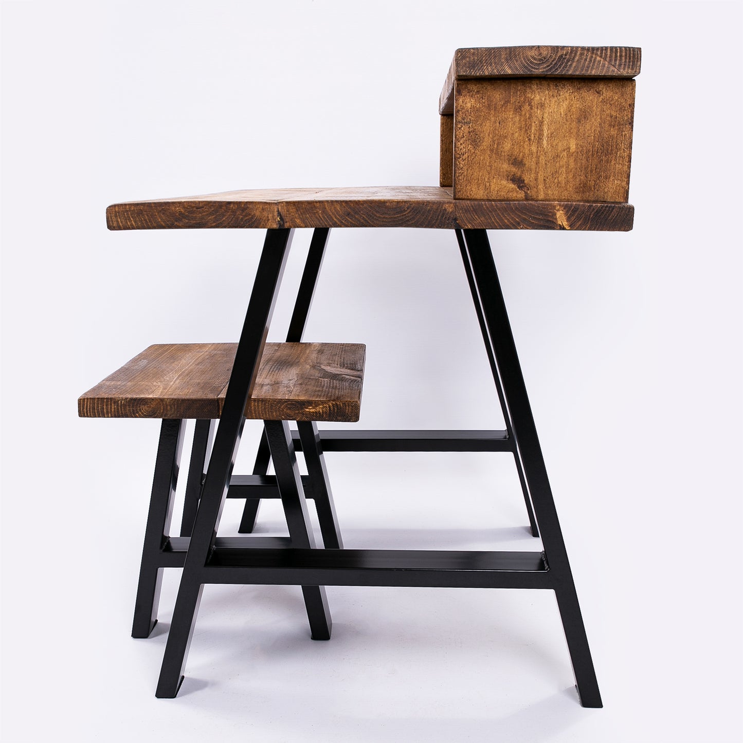 Bespoke Work From Home Desk & Stool with black steel legs. Side view