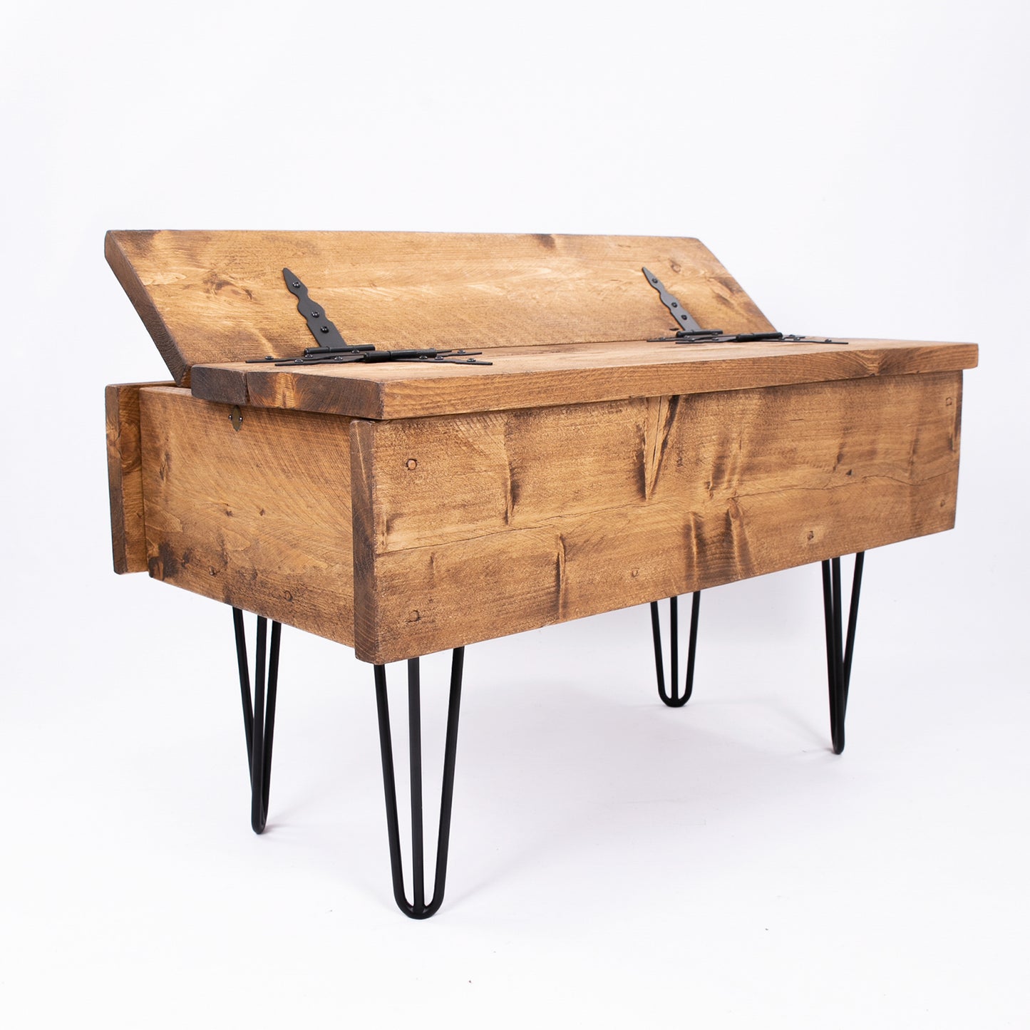 Coffee Table Chest. Wooden Storage Box. Corner angle view with lid open