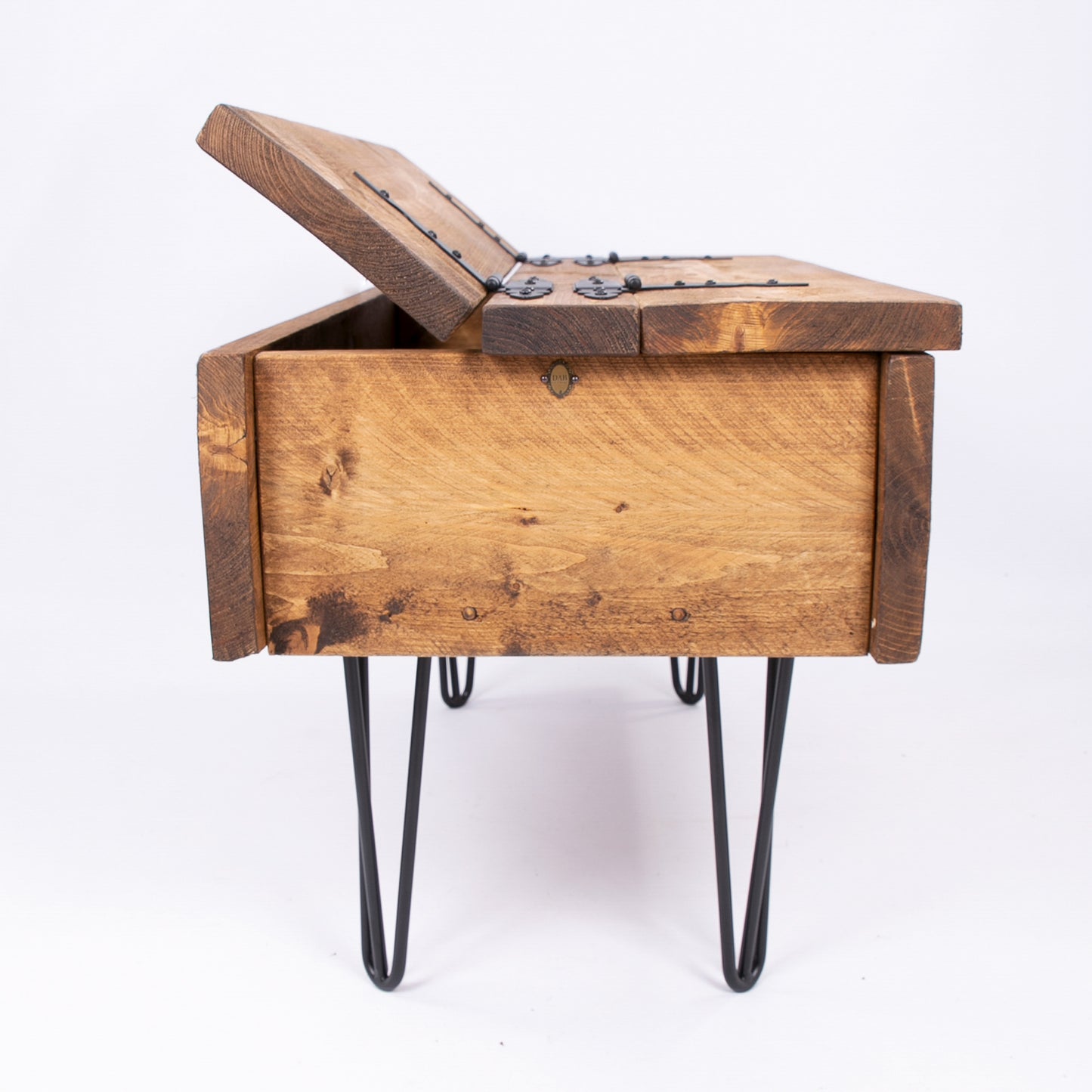 Coffee Table Chest. Wooden Storage Box. Side view with lid open