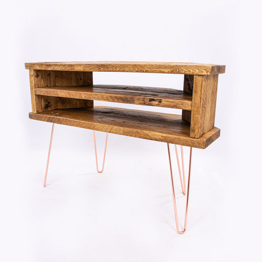 Corner TV & Display Stand - Handmade Bespoke Wooden Unit with rose gold steel legs. Corner view