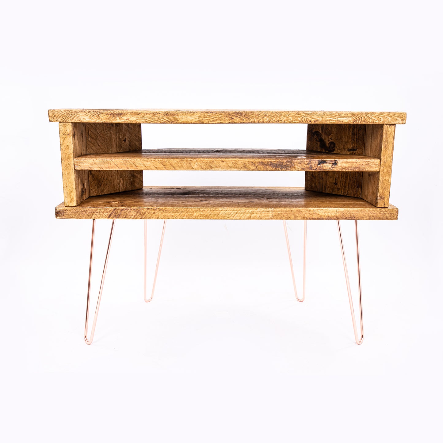 Corner TV & Display Stand - Handmade Bespoke Wooden Unit with rose gold coloured steel legs. Front view