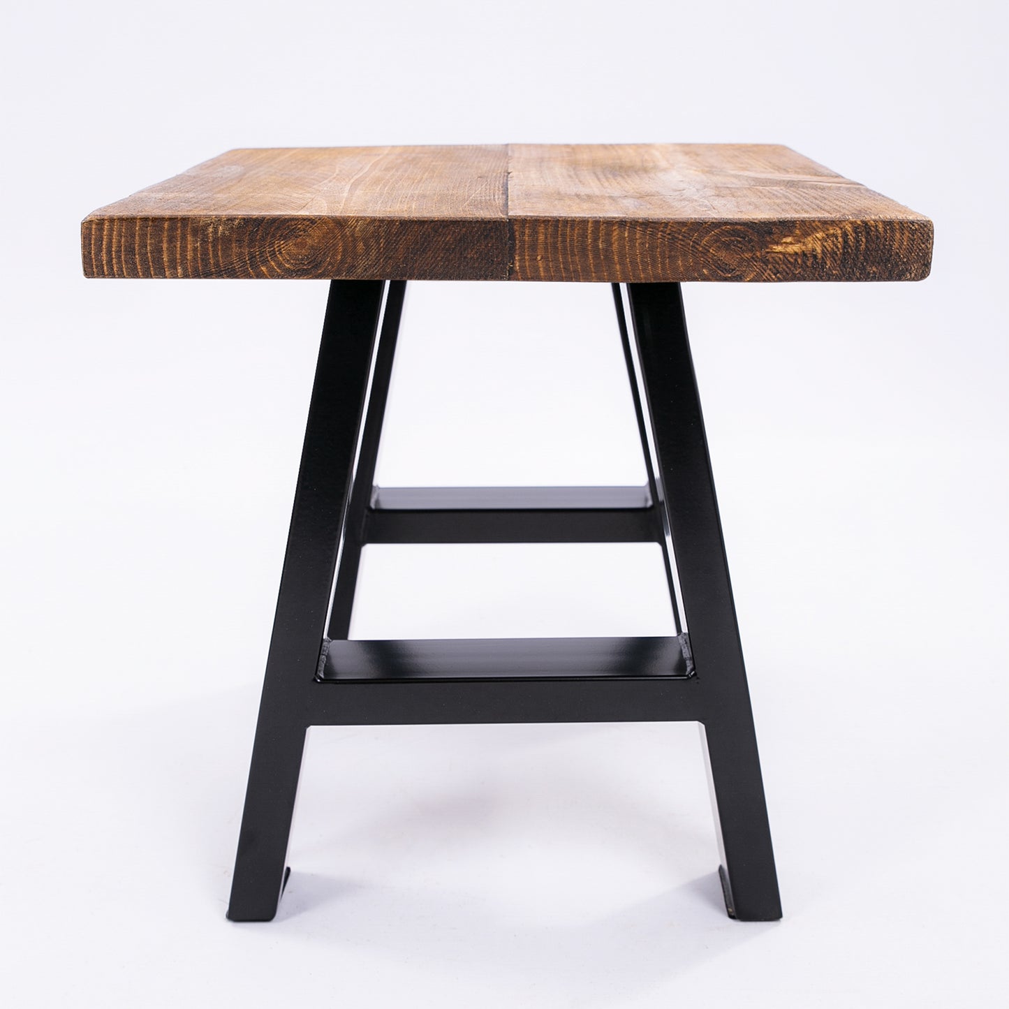 Handmade solid wooden stool with steel legs. Side view