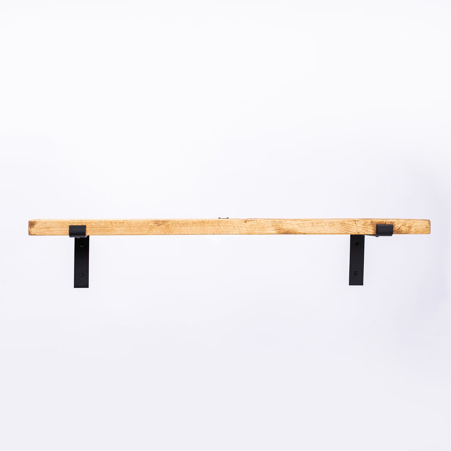 Handmade wooden shelf with black steel brackets. Front view