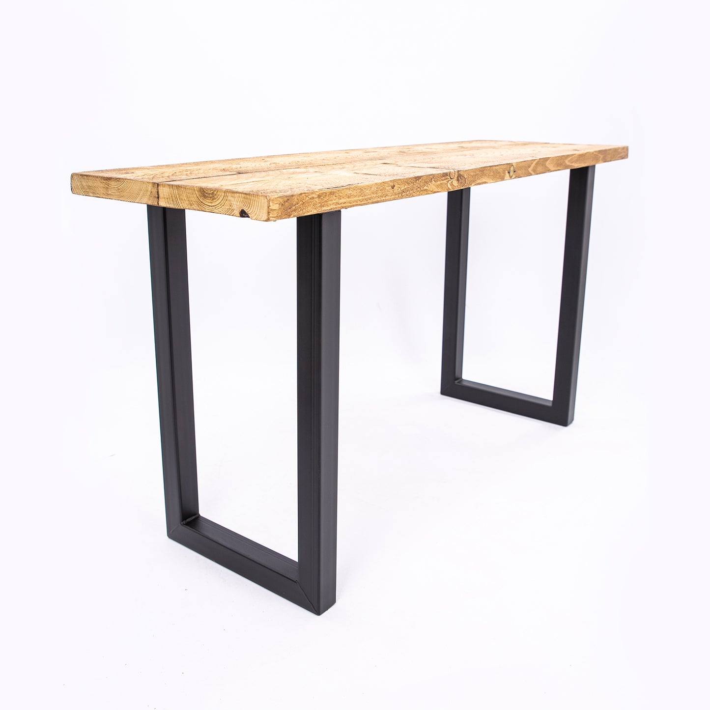 Handmade wooden table with black steel legs. Corner angle