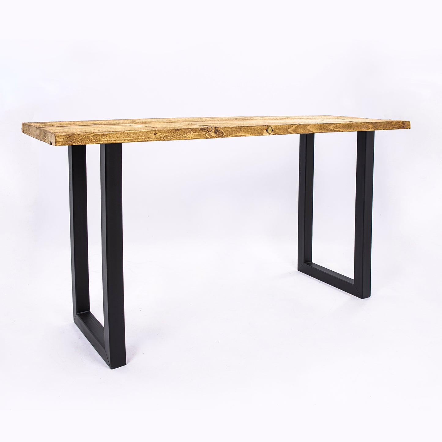 Handmade wooden table with black steel legs. Front view