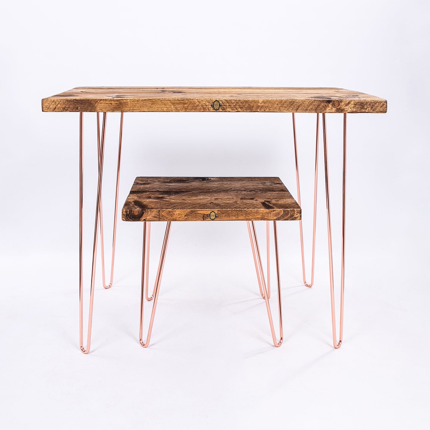 Rose Gold Work Desk with stool. Hairpin steel legs and wooden tops. Front facing photo