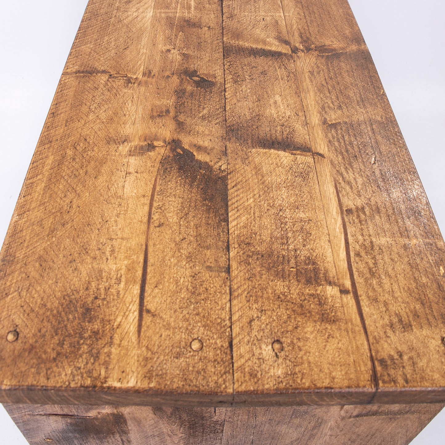 Wooden bedroom drawer set. Rustic dresser by DAB Chic & Vintage. Close up of top and dowels