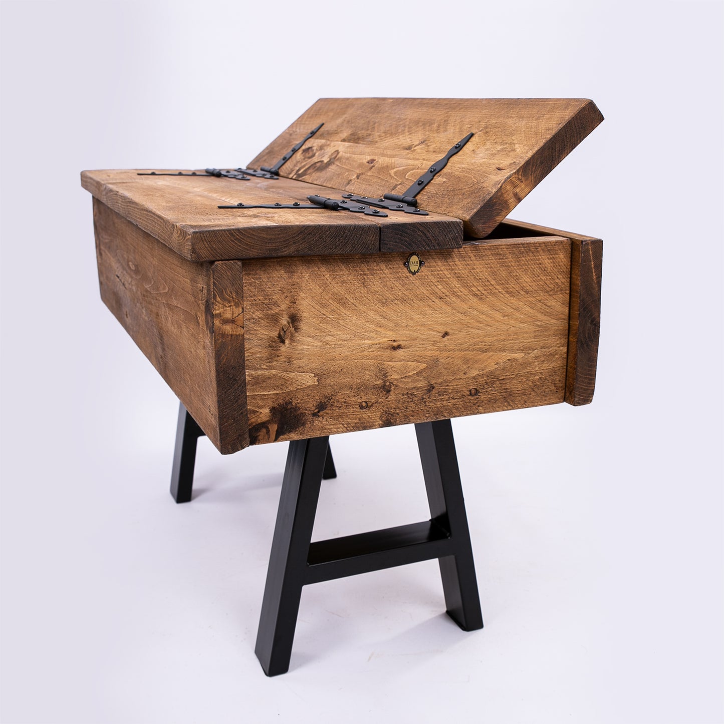 Wooden Blanket Box with Storage with black metal legs. Side view with lid open
