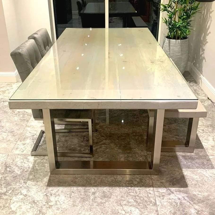 Stainless Steel Leg Dining Table Set - Wooden Grey with Glass Top