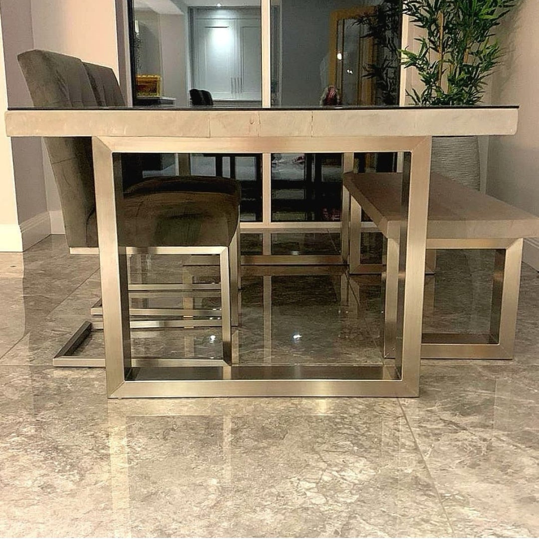 Stainless Steel Leg Dining Table Set - Wooden Grey with Glass Top