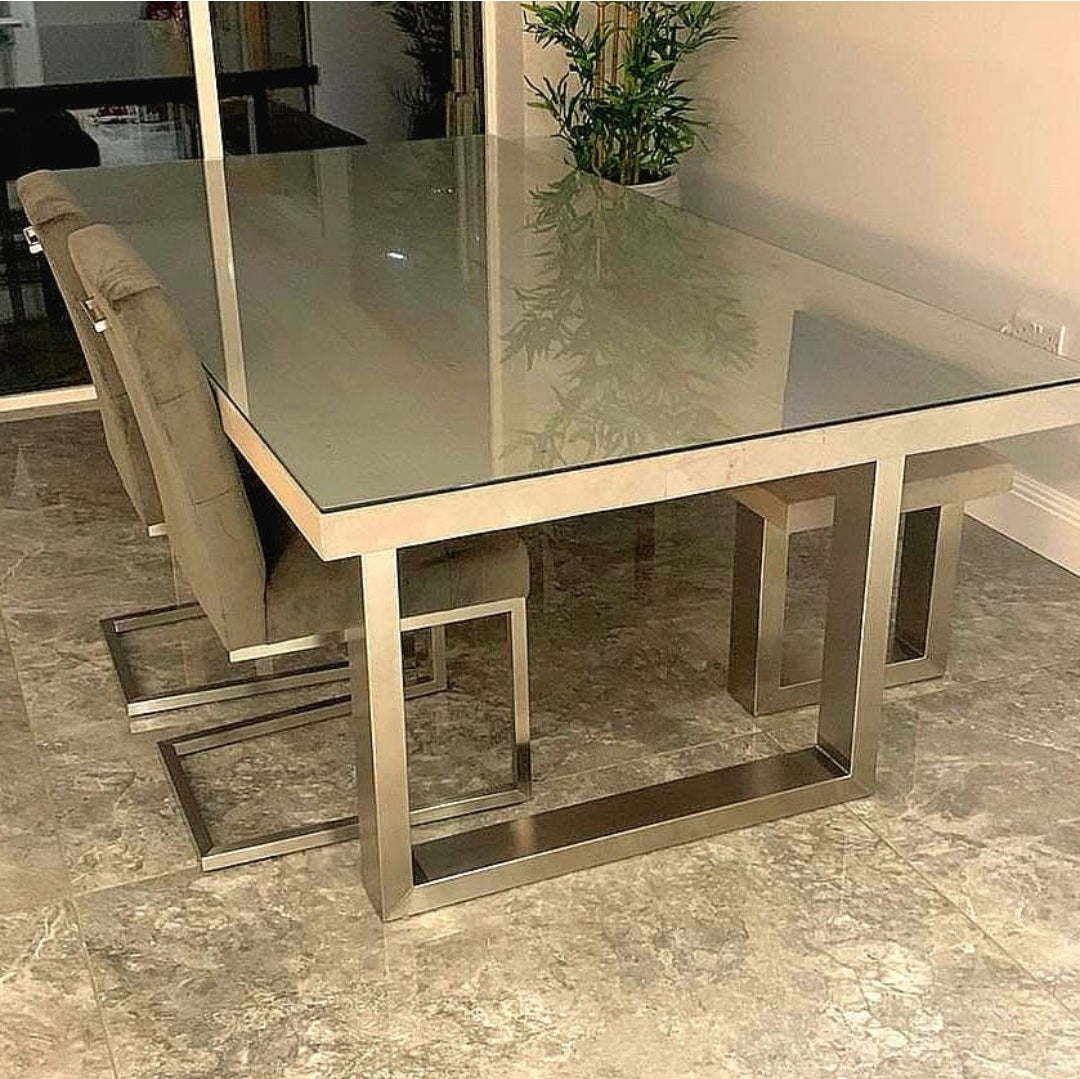 Stainless Steel Leg Dining Table Set - Wooden Grey with Glass Top