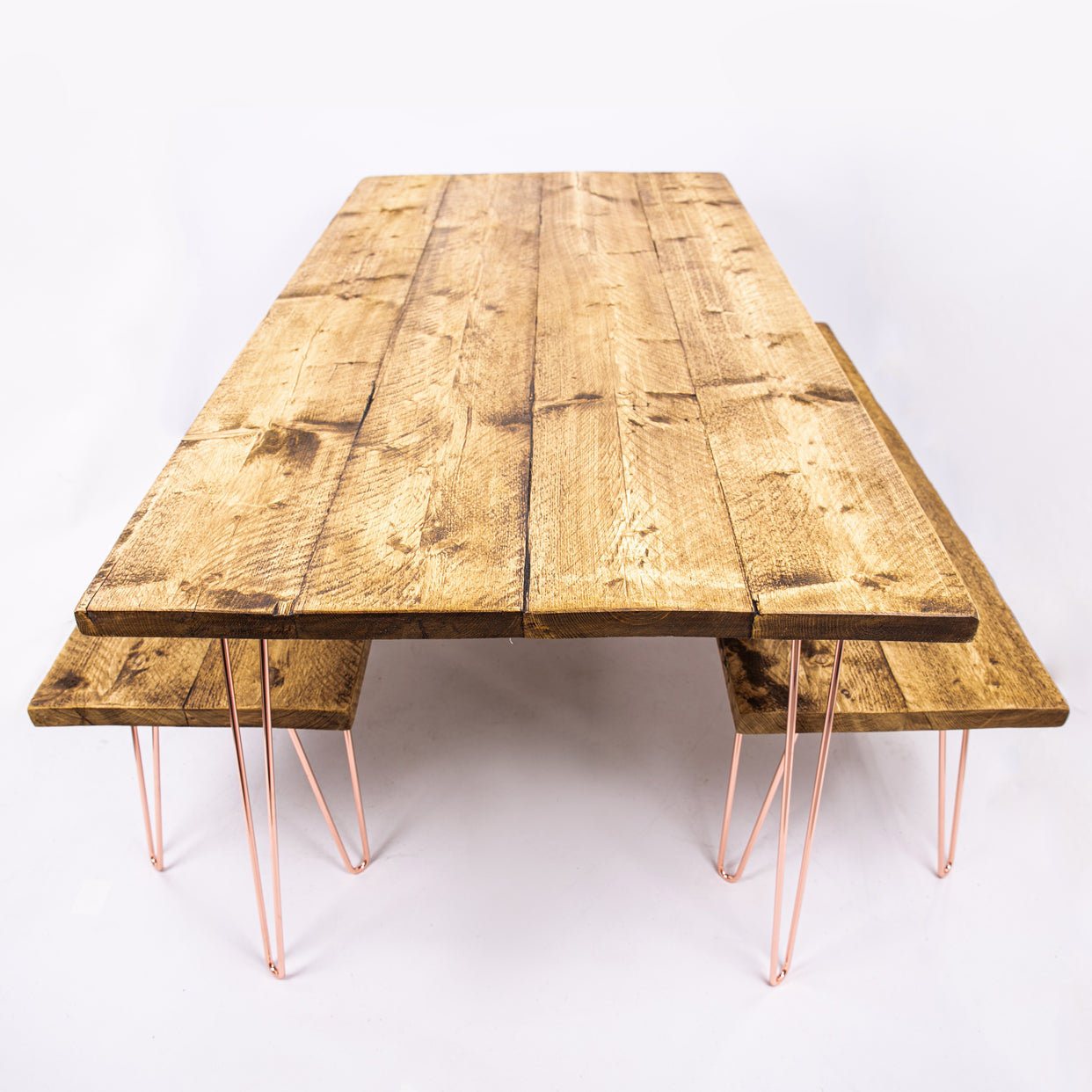 Hairpin dining table set. Side on view