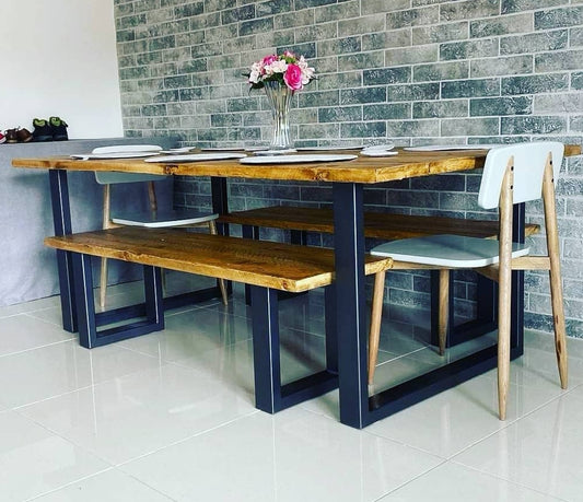 Solid Wood and Grey Dining Table Set - Bespoke Modern Kitchen Table 2 Bench Set