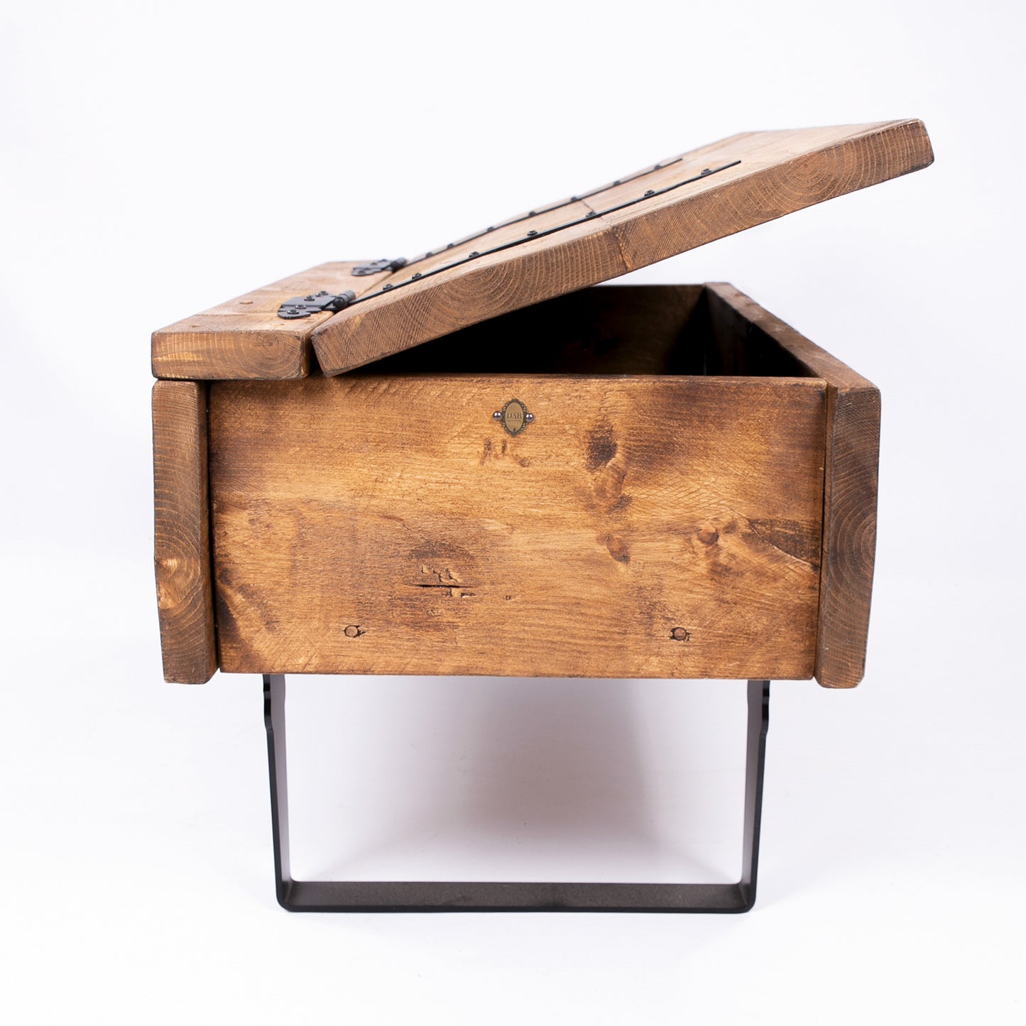 Bespoke Rustic Blanket Box. Side on view with lid open