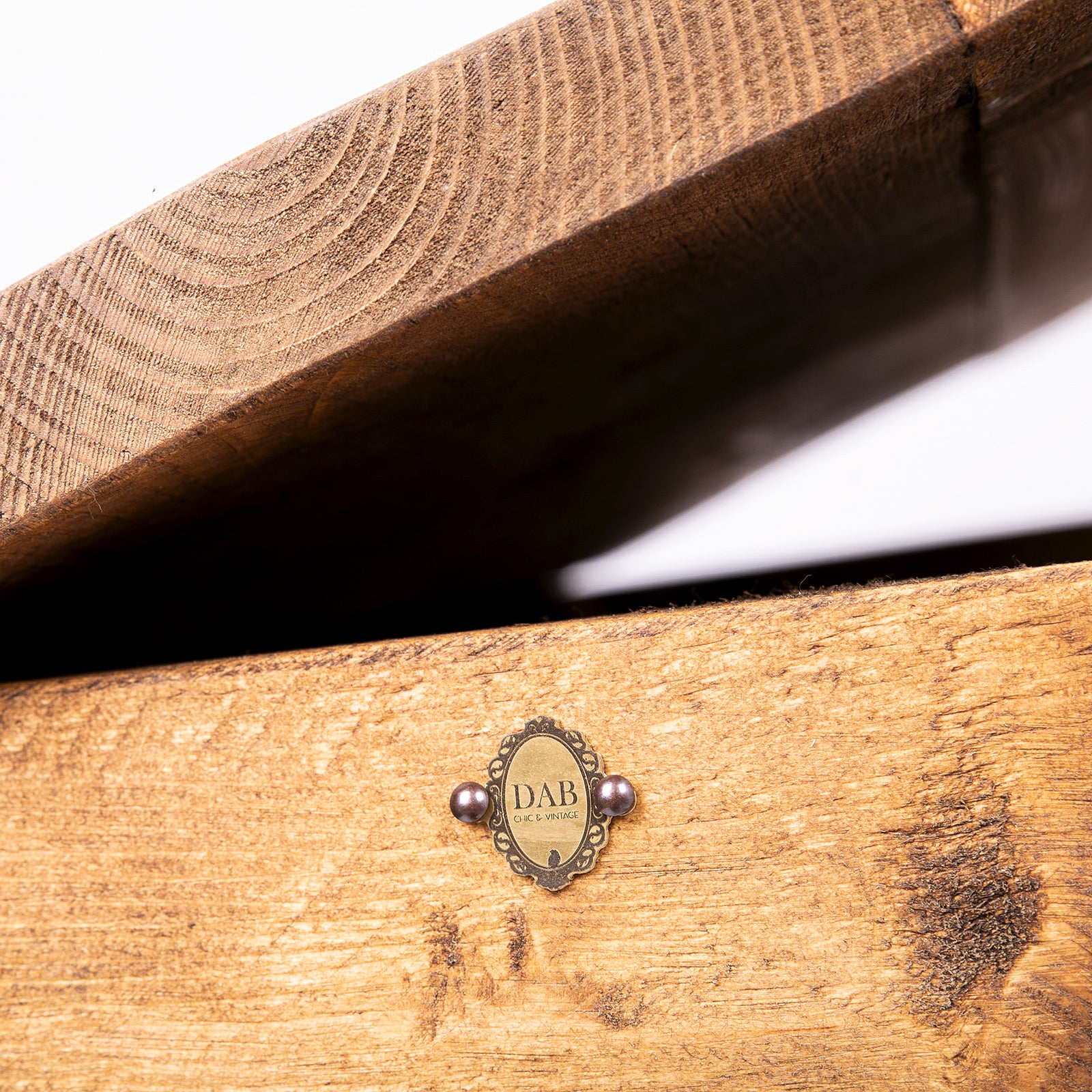 Bespoke, Rustic Blanket Box. Close up of open lid and badge