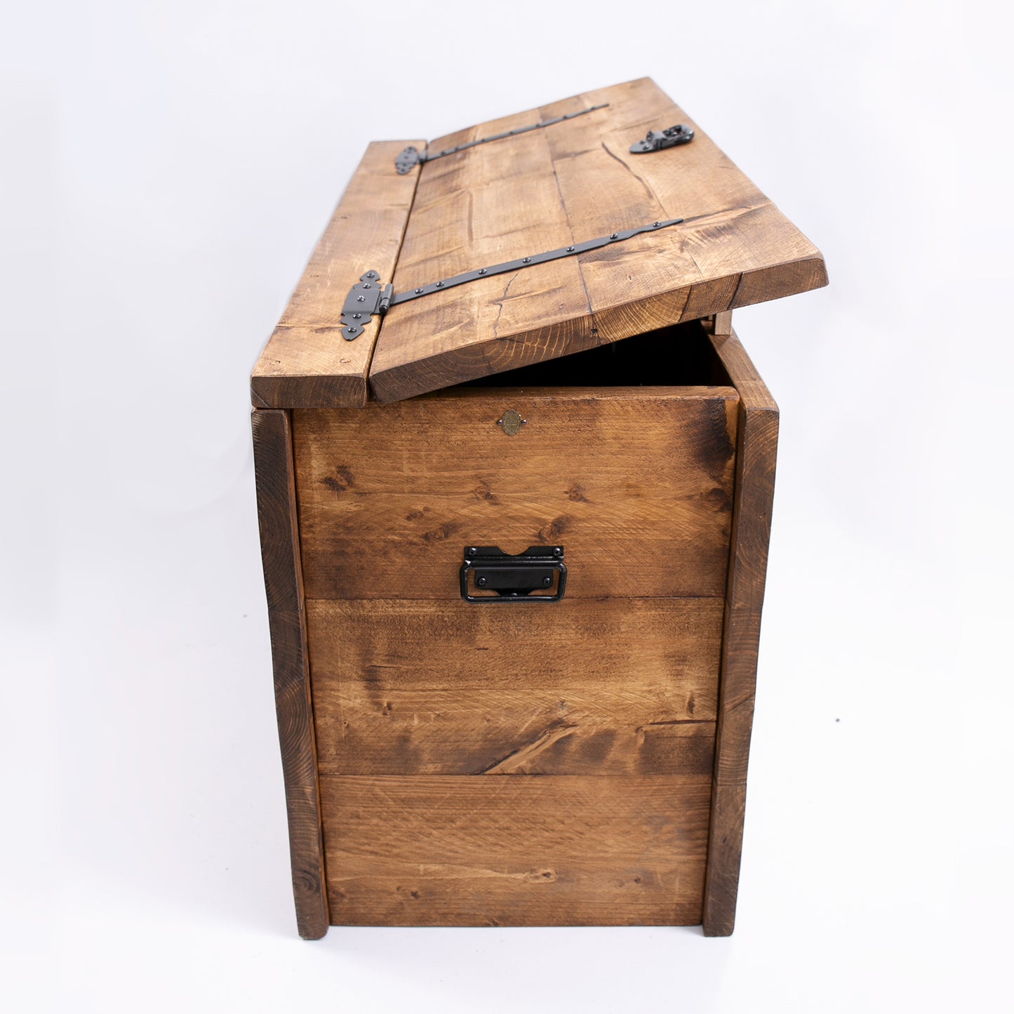 Bespoke Wooden Blanket Box with black steelwork handles and hinges. Side view with open lid