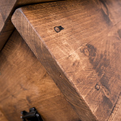 Bespoke Wooden Blanket Box with black ironmongery. Close up of woodwork