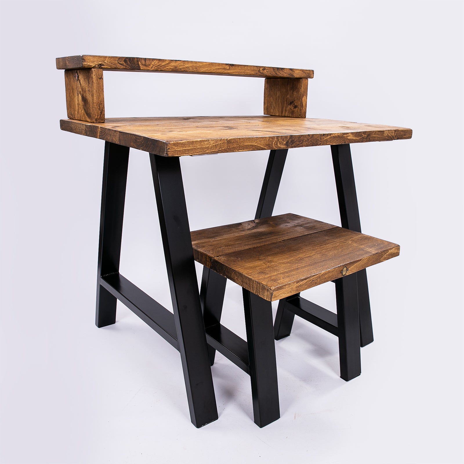 Bespoke Work From Home Desk & Stool with black metal legs. Corner angle view
