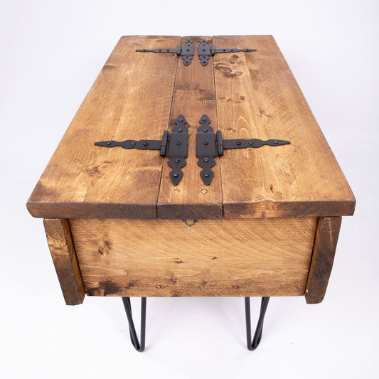 Coffee Table Chest. Wooden Storage Box. Side top view