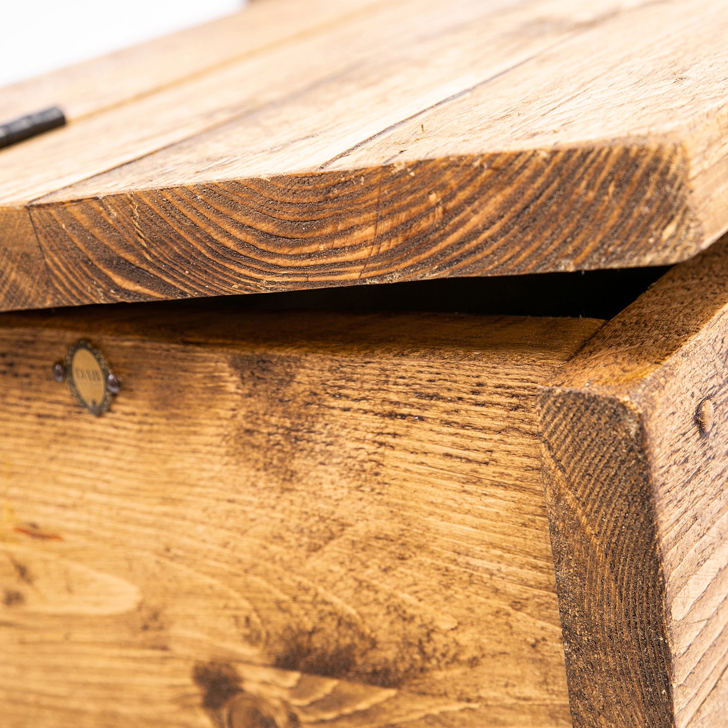 Dining Table Seat & Wooden Blanket Box. Close up with lid open