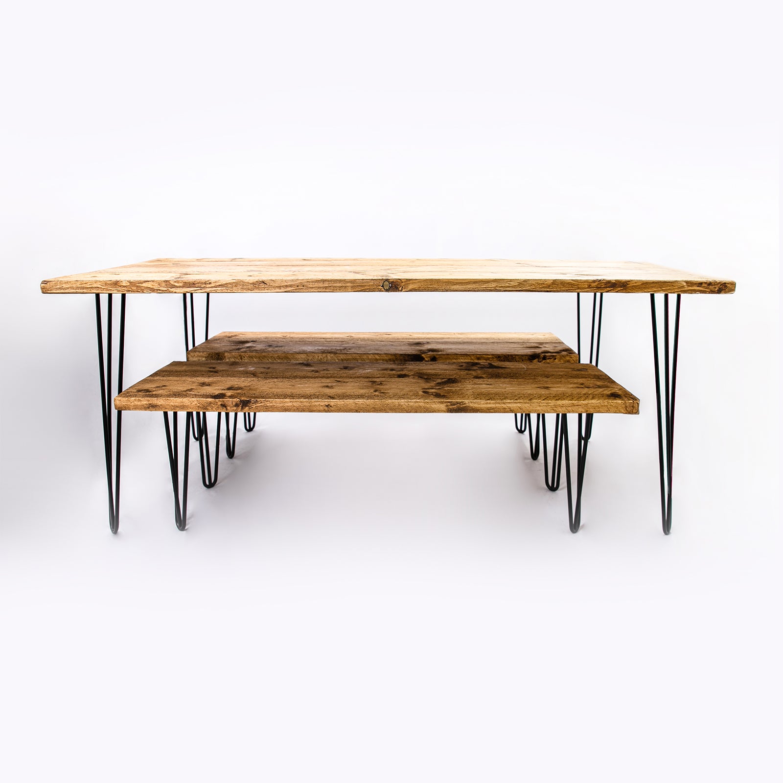 Dining Table and benches with Black Steel Legs. Front view