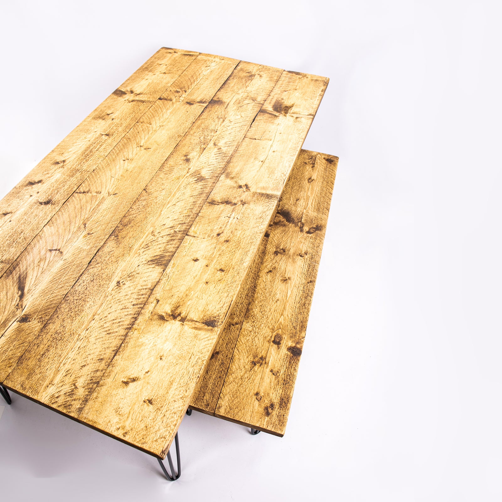 Dining Table and benches with Black Steel Legs. Birds eye view