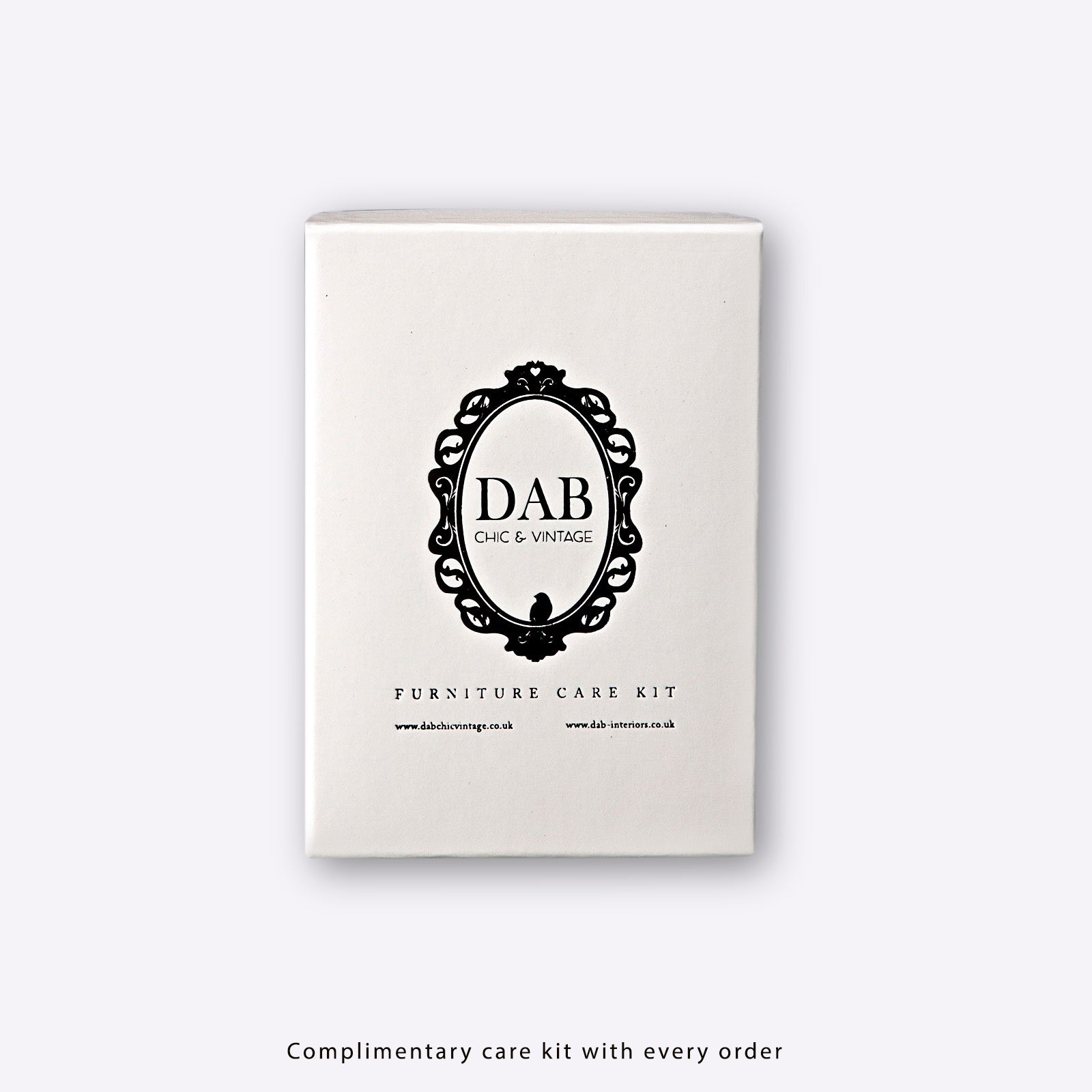 Furniture care kit by DAB Chic & Vintage in white box with metallic DAB logo. Full front photo