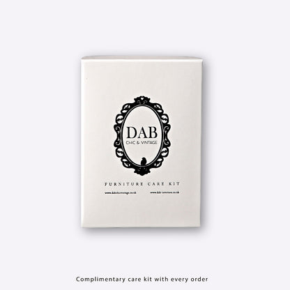 Furniture care kit by DAB Chic & Vintage in white box with metallic DAB logo. Full front photo