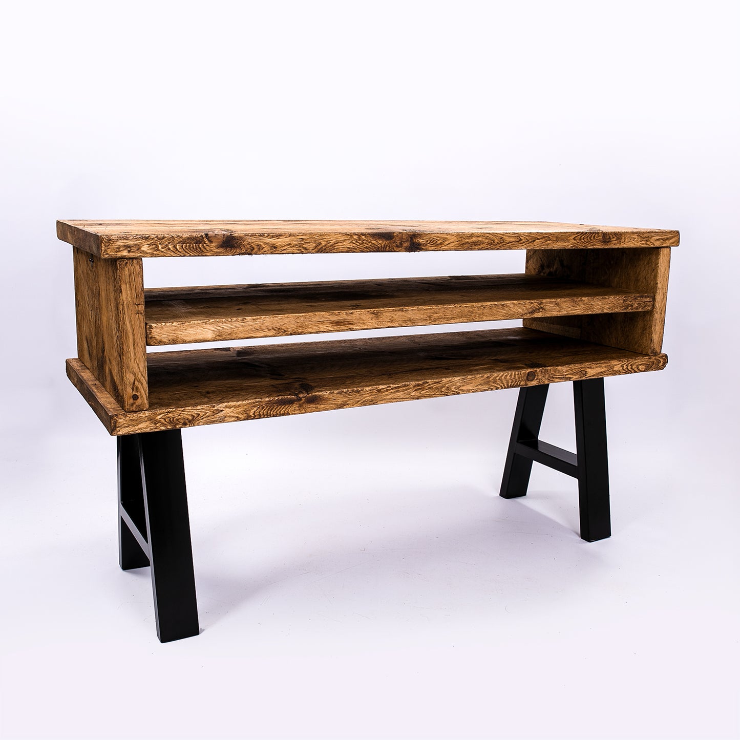 Handmade rustic TV stand with black metal legs. Front view