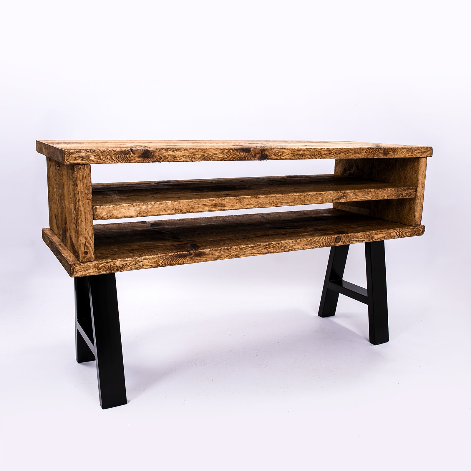 Handmade rustic TV stand with black metal legs. Front view