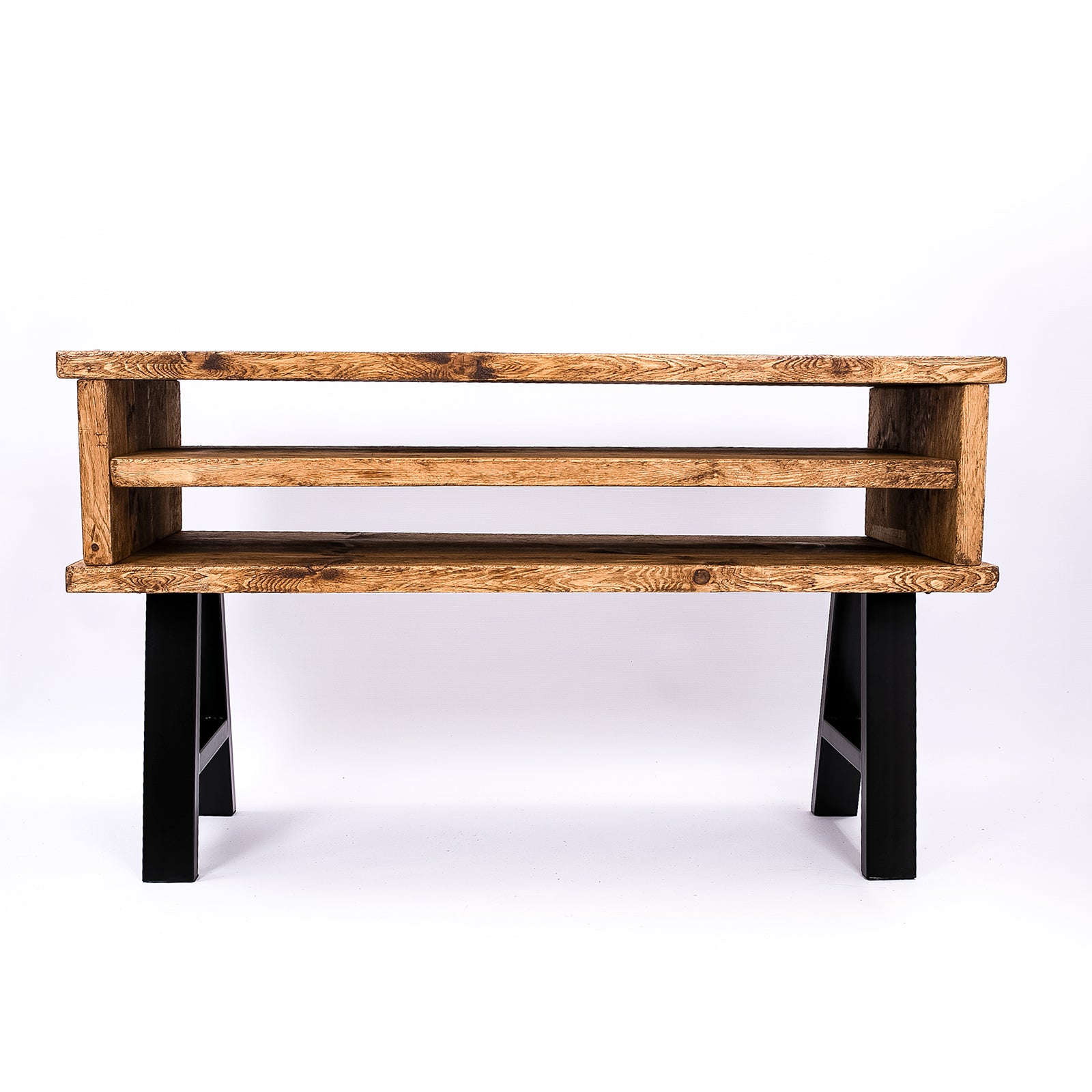 Handmade rustic TV stand with black metal legs. Full frontal view