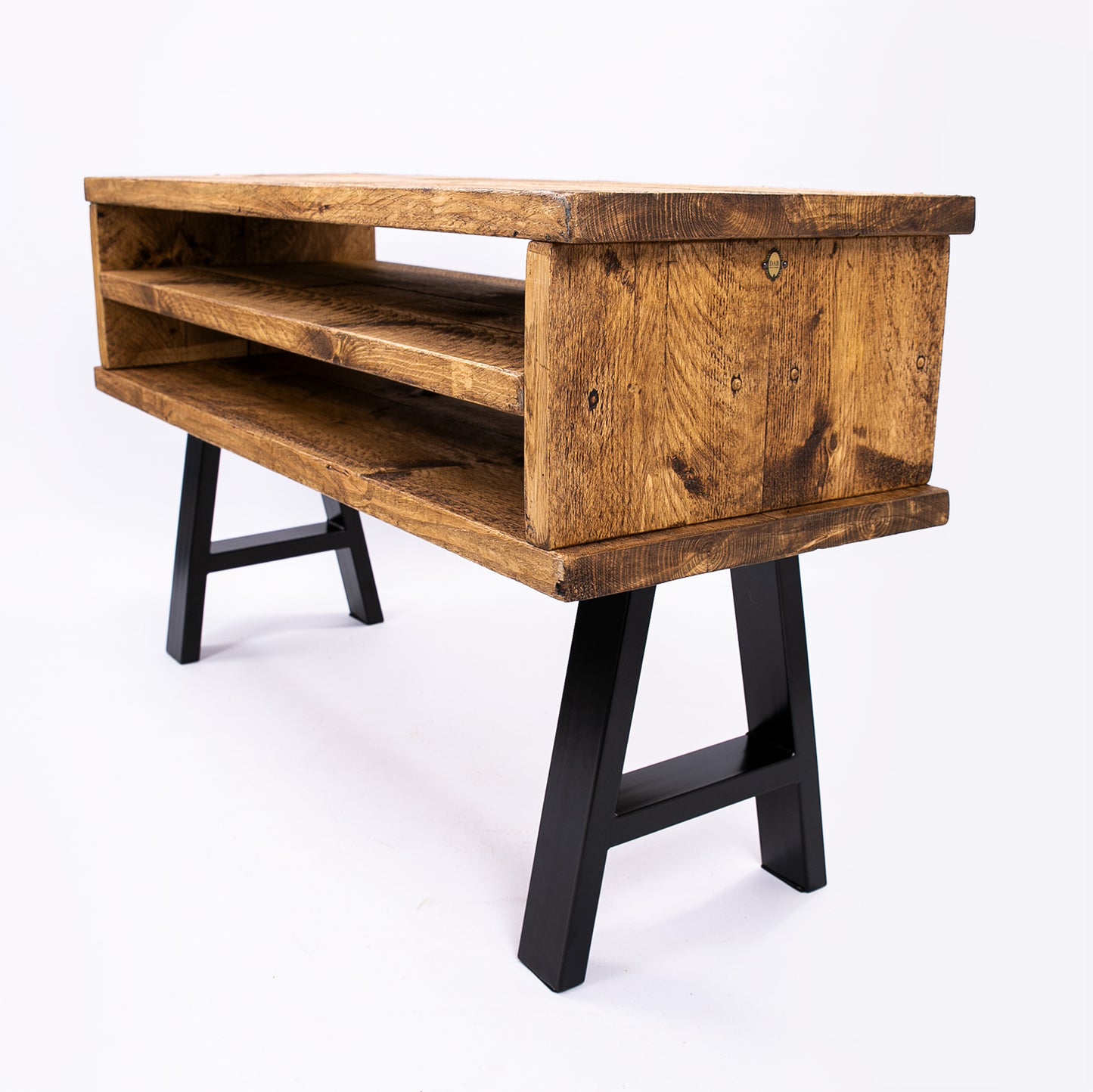 Handmade rustic TV stand with black metal legs. Right side angle view