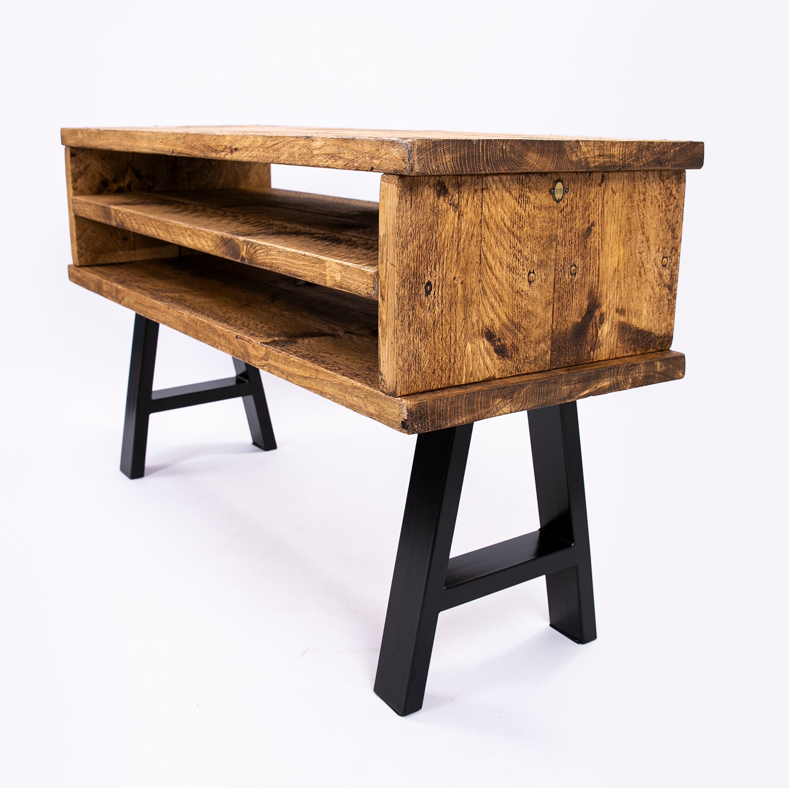 Handmade rustic TV stand with black metal legs. Right side angle view