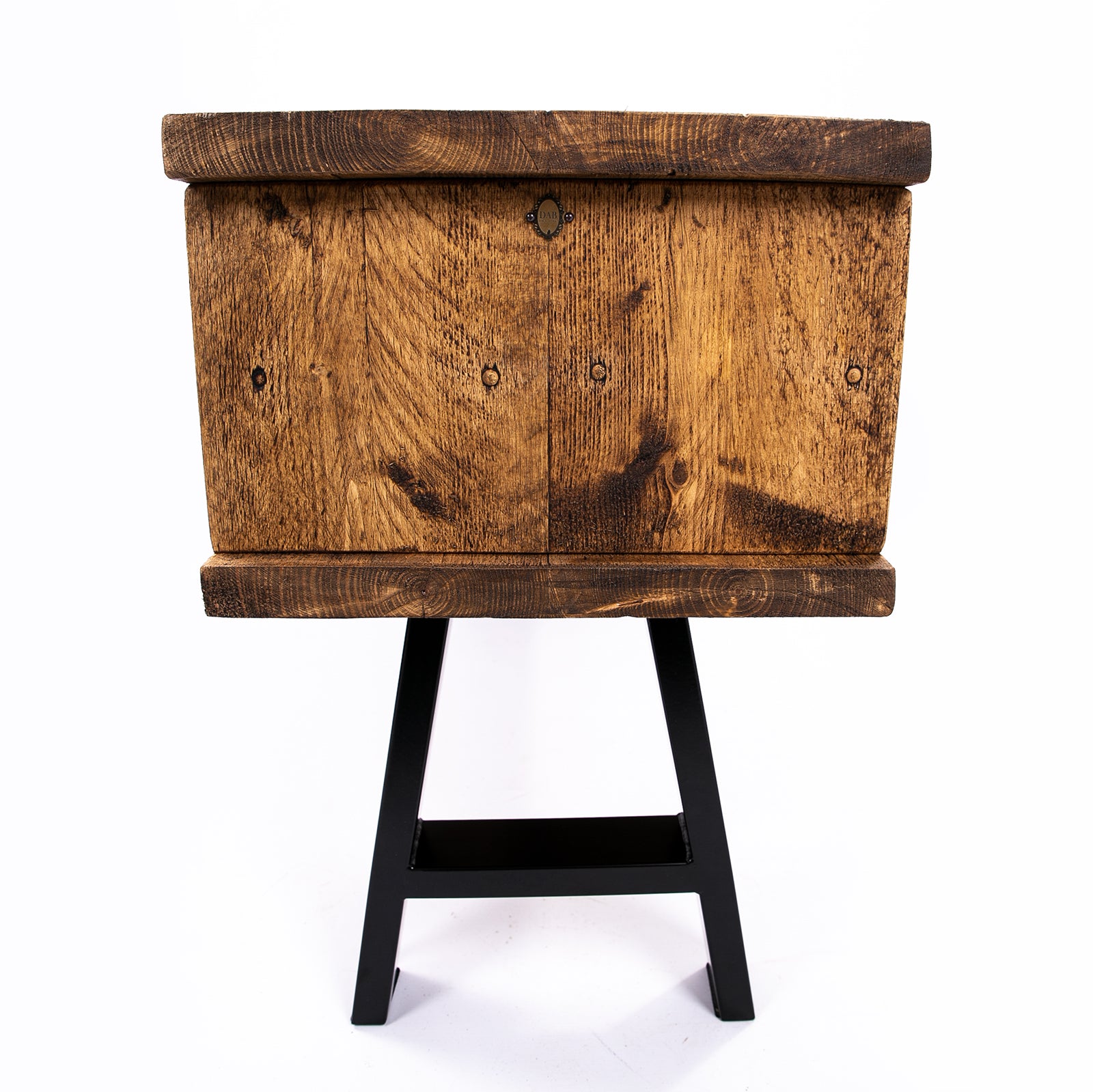 Handmade rustic TV stand with black metal legs. Side on view