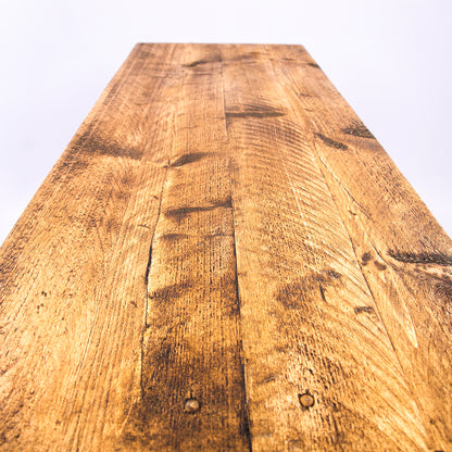 Handmade rustic TV stand with black metal legs. Birds eye view