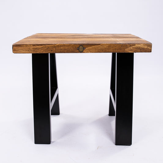 Handmade solid wooden stool with steel legs. Front view