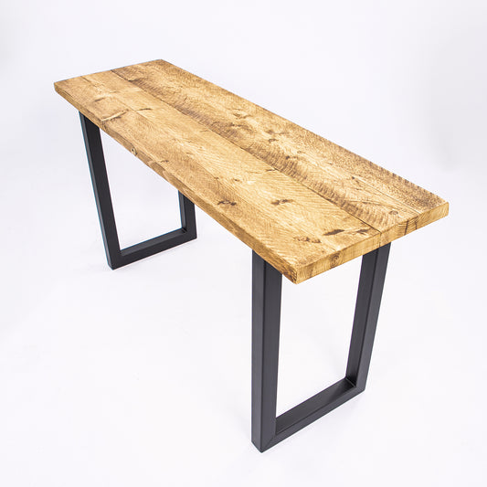 Handmade Wooden Table with Black Steel Legs. Corner angle view