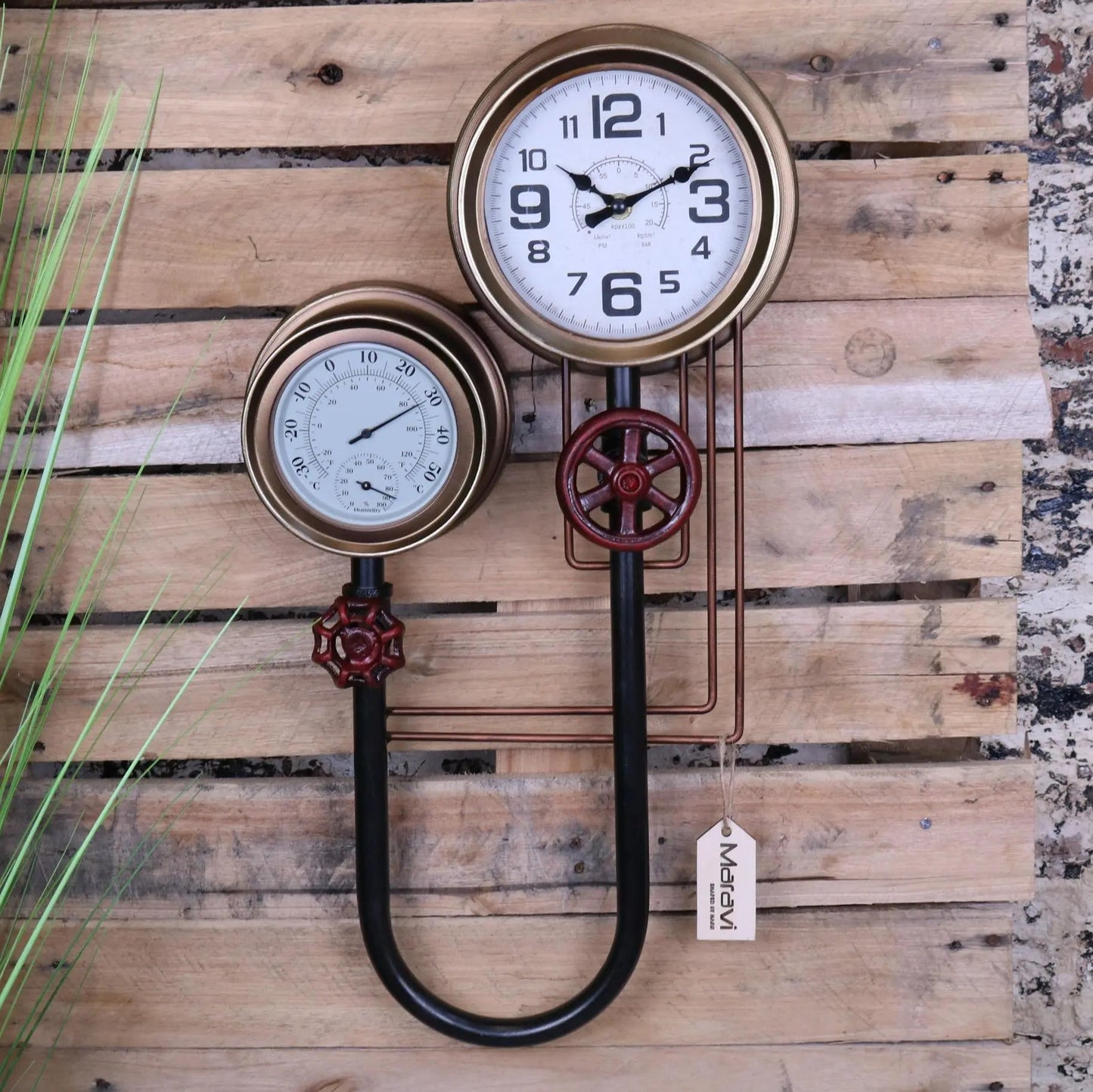 Baded Pipe Industrial Wall Clock and Thermometer