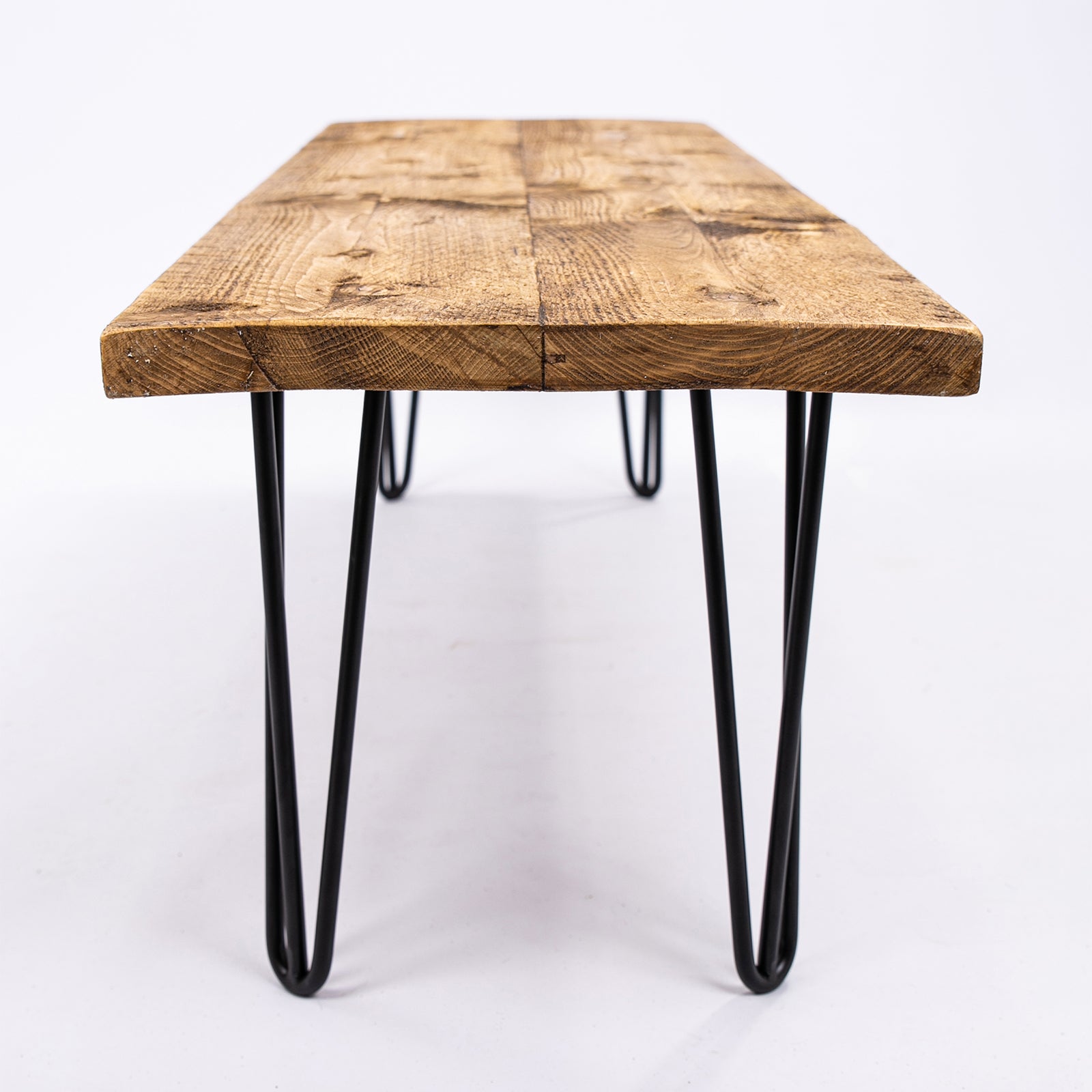 Industrial Steel Hairpin Leg & Rustic Wooden Seating. End side view