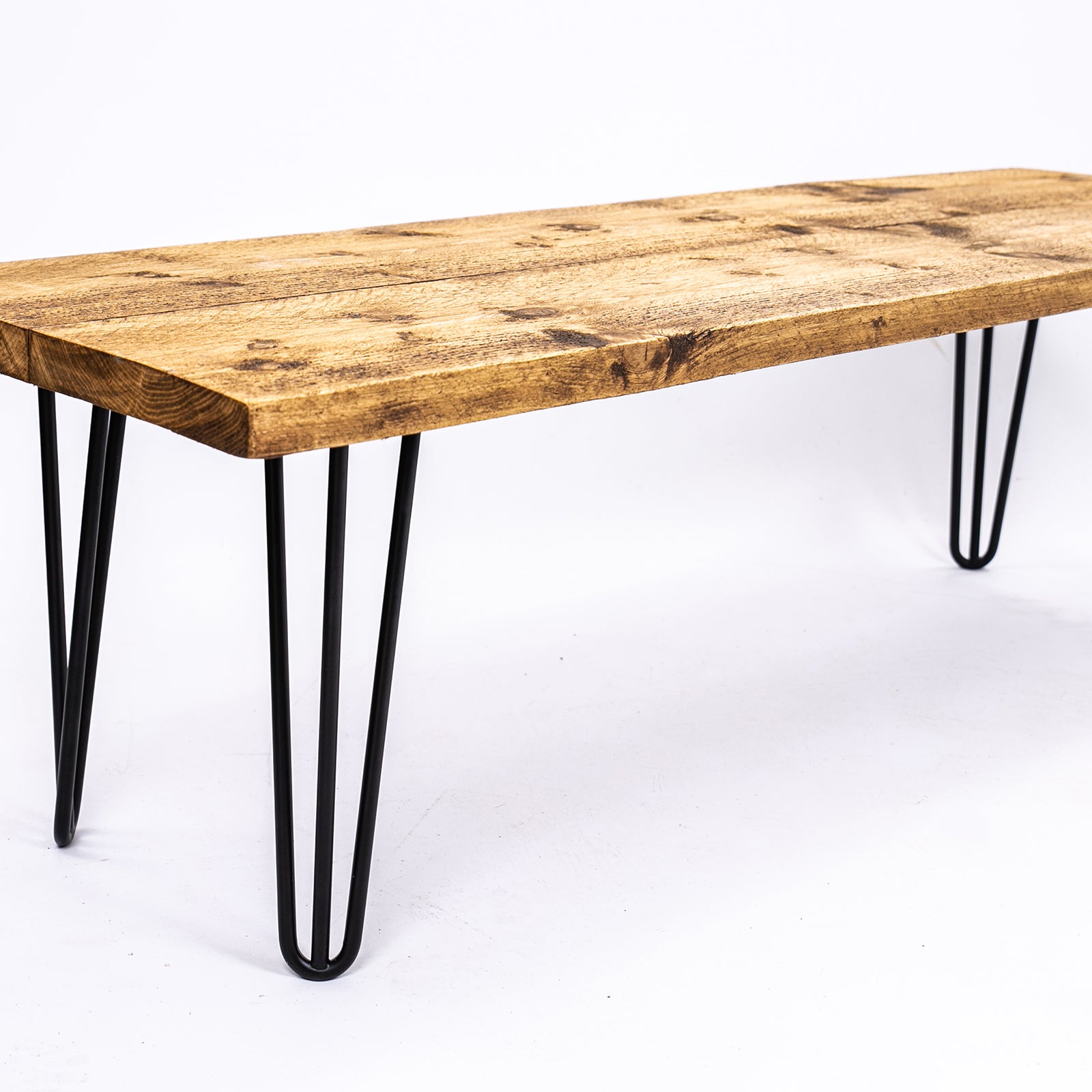 Industrial Steel Hairpin Leg & Rustic Bench. Corner angle view