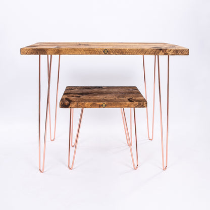 Rose Gold Desk. Wooden tops and hairpin steel legs Front facing photo