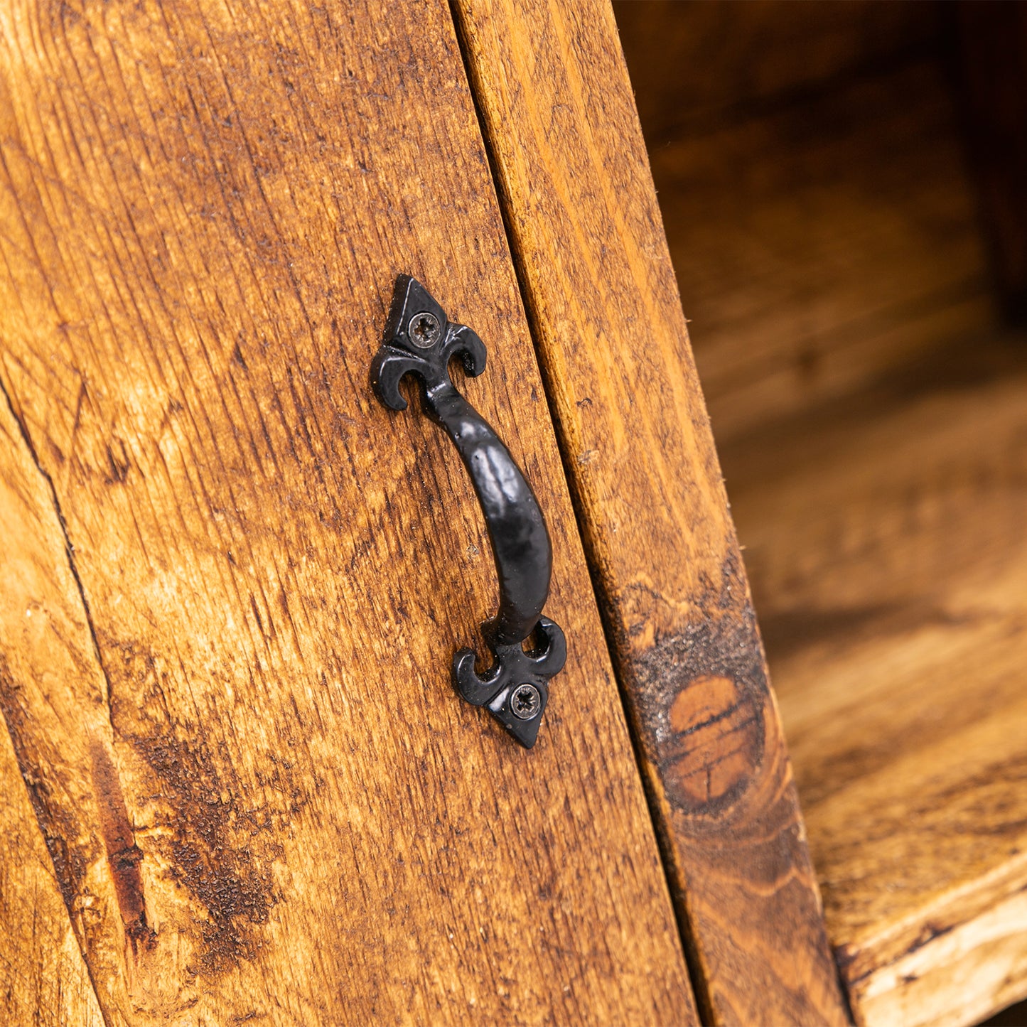 Rustic Wooden Sideboard. Close up of handle