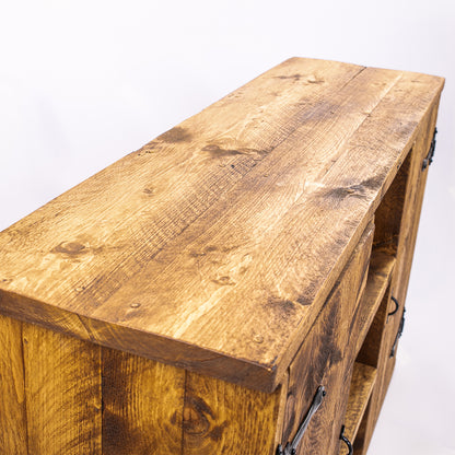 Rustic Wooden Sideboard. Close up image of top of DAB bespoke side stand