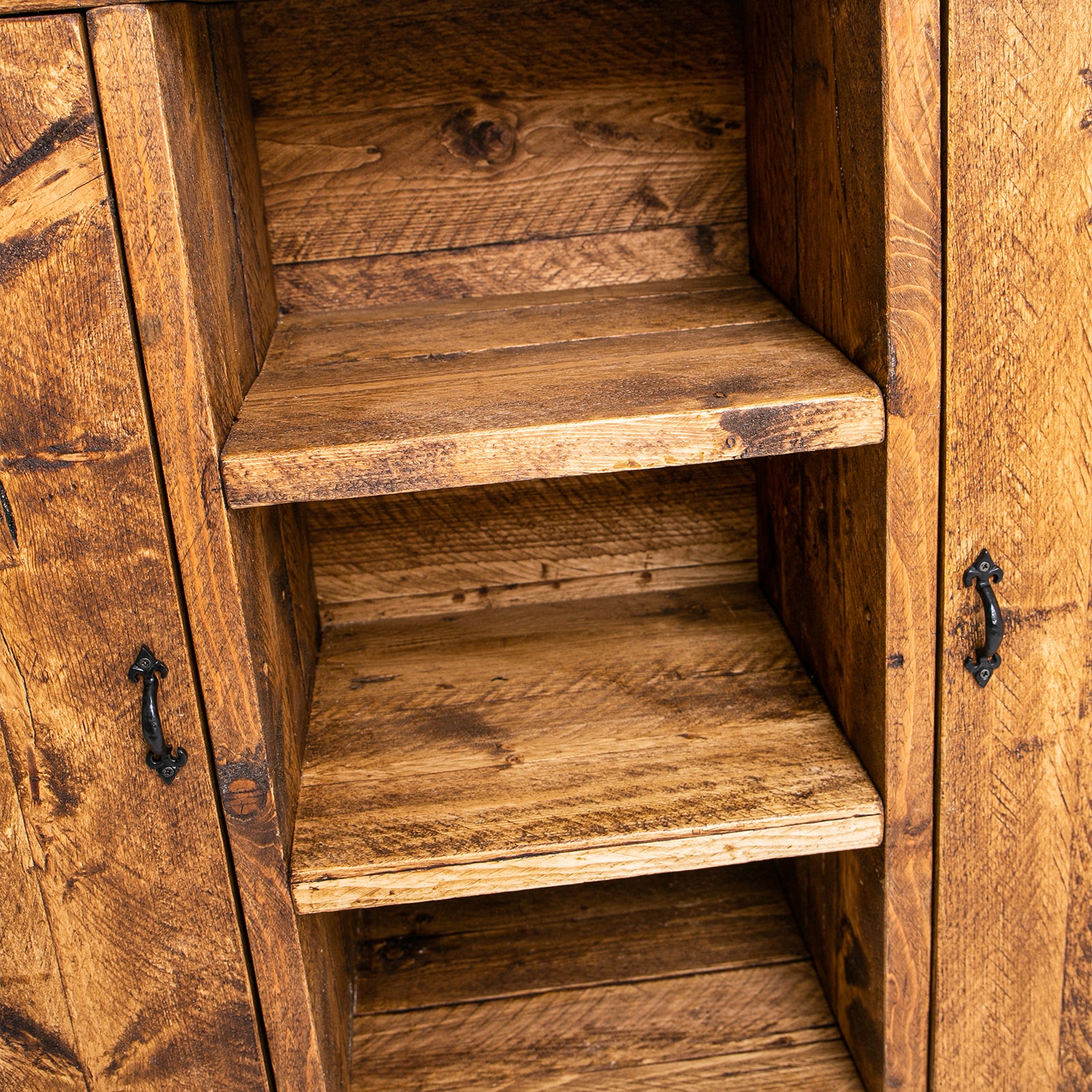 Rustic Wooden Sideboard. Shelves from DABs bespoke stand. Front close up