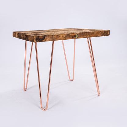 Steel Hairpin Bar Stool with rose gold legs and wooden top. Front left photo