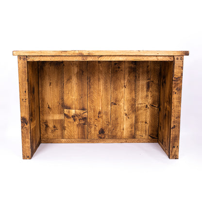 Wooden breakfast bar with storage. Back view