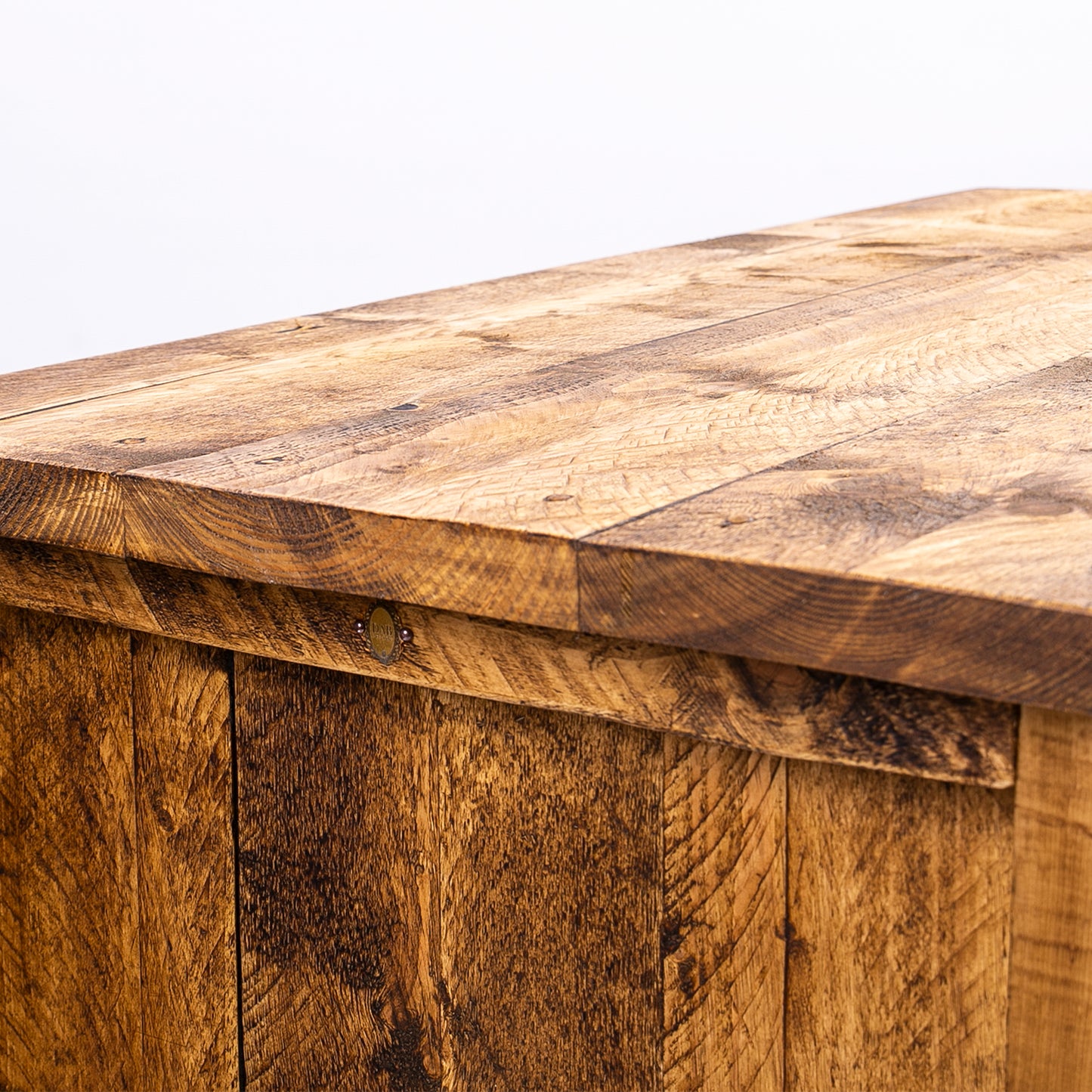 Wooden breakfast bar with storage. Corner close up